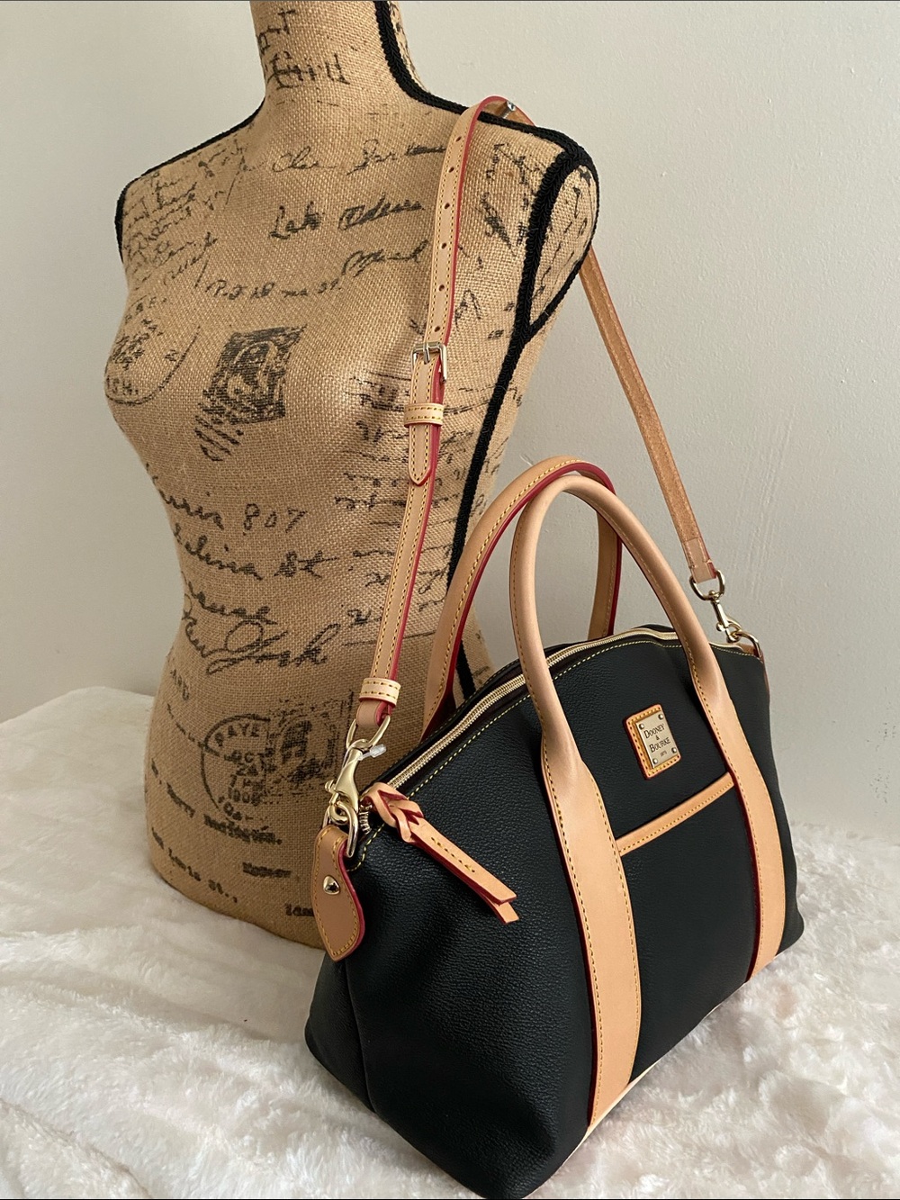 Dooney & Bourke Small Madeline Satchel Tote in Black & Tan Leather w/ Strap